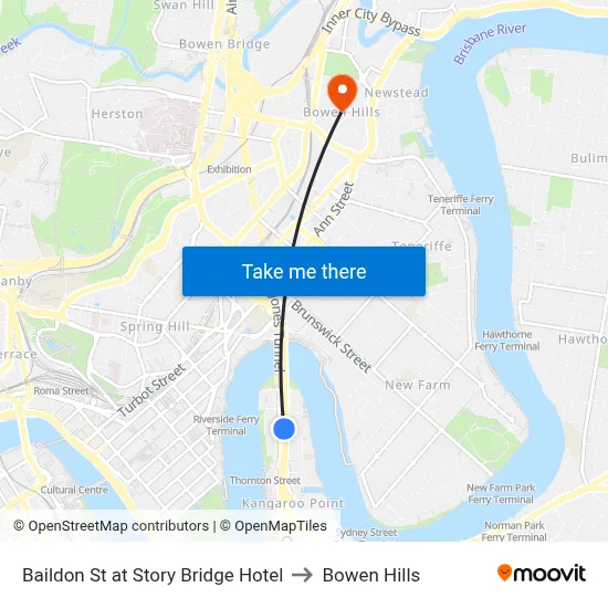 Baildon St at Story Bridge Hotel to Bowen Hills map