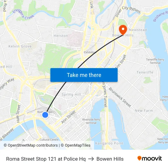 Roma Street Stop 121 at Police Hq to Bowen Hills map