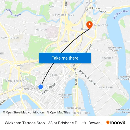 Wickham Terrace Stop 133 at Brisbane Private Hospital to Bowen Hills map