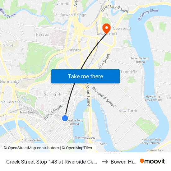 Creek Street Stop 148 at Riverside Centre to Bowen Hills map