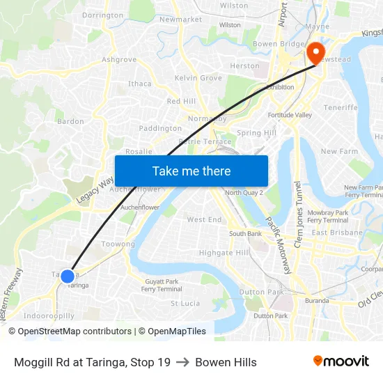 Moggill Rd at Taringa, Stop 19 to Bowen Hills map