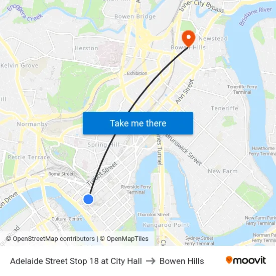 Adelaide Street Stop 18 at City Hall to Bowen Hills map