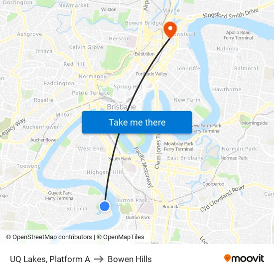 UQ Lakes, Platform A to Bowen Hills map