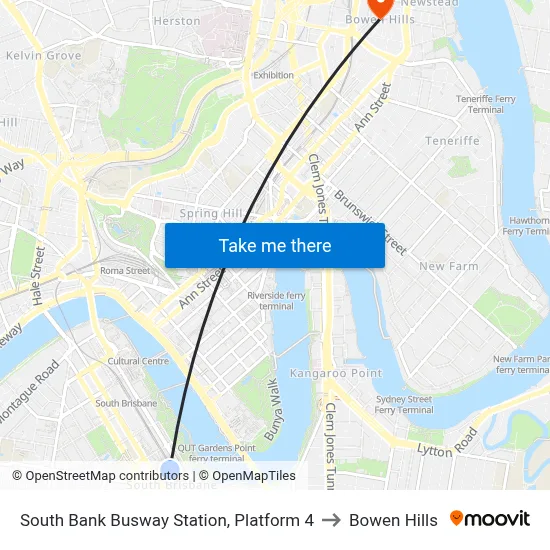 South Bank Busway Station, Platform 4 to Bowen Hills map