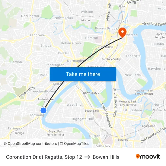 Coronation Dr at Regatta, Stop 12 to Bowen Hills map