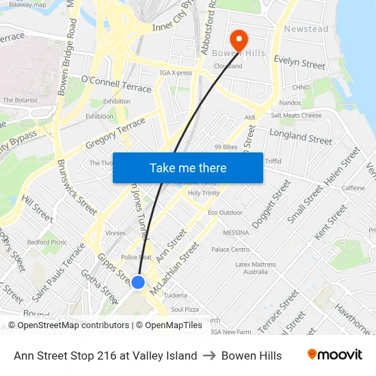 Ann Street Stop 216 at Valley Island to Bowen Hills map