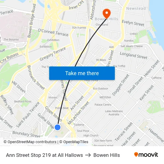 Ann Street Stop 219 at All Hallows to Bowen Hills map