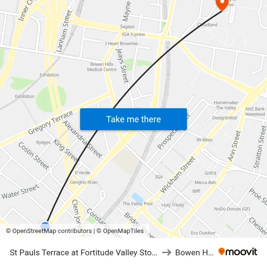 St Pauls Terrace at Fortitude Valley Stop 232 to Bowen Hills map