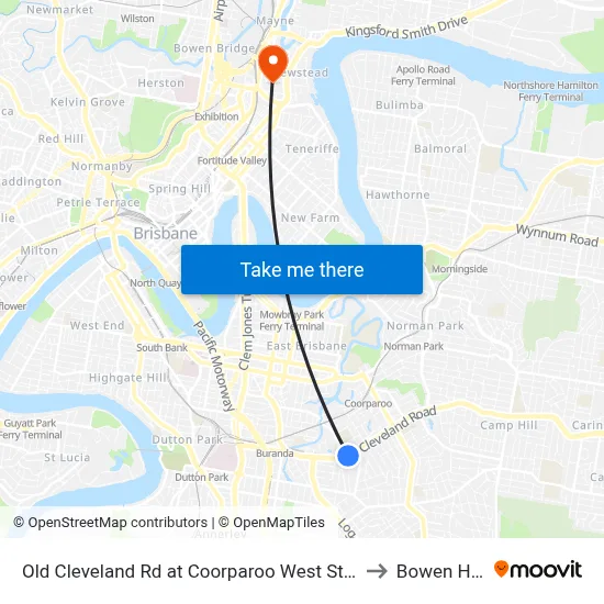 Old Cleveland Rd at Coorparoo West Stop 19 to Bowen Hills map