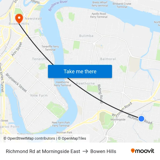 Richmond Rd at Morningside East to Bowen Hills map