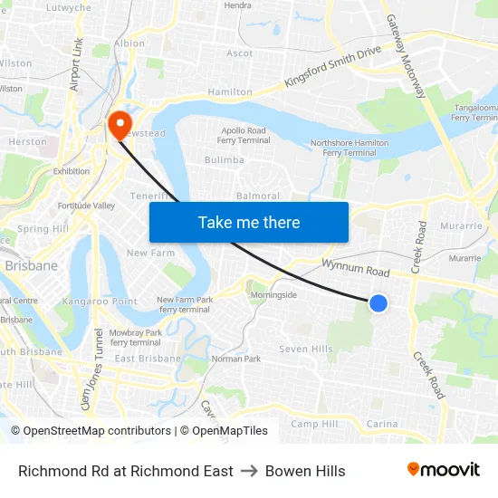 Richmond Rd at Richmond East to Bowen Hills map
