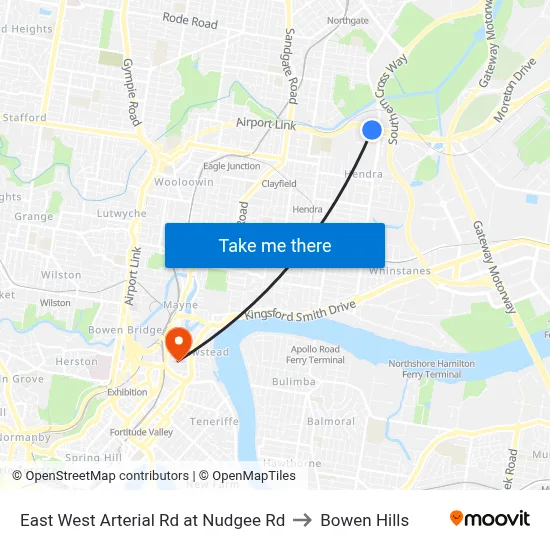 East West Arterial Rd at Nudgee Rd to Bowen Hills map