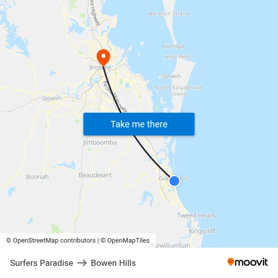 Surfers Paradise to Bowen Hills map