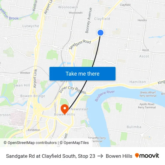 Sandgate Rd at Clayfield South, Stop 23 to Bowen Hills map