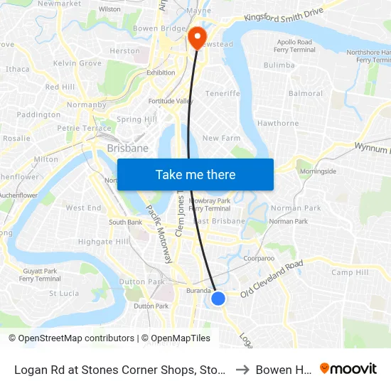 Logan Rd at Stones Corner Shops, Stop 17a to Bowen Hills map