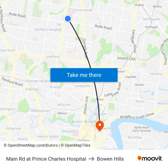 Main Rd at Prince Charles Hospital to Bowen Hills map