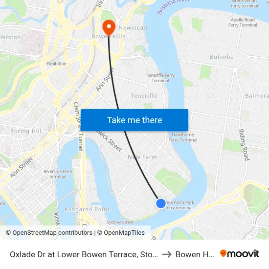 Oxlade Dr at Lower Bowen Terrace, Stop 19 to Bowen Hills map