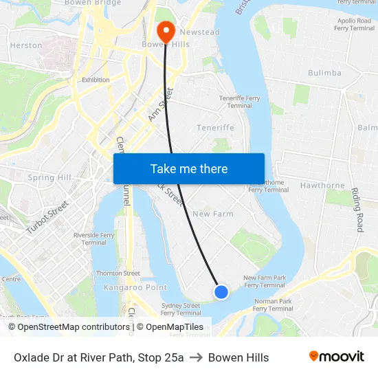Oxlade Dr at River Path, Stop 25a to Bowen Hills map