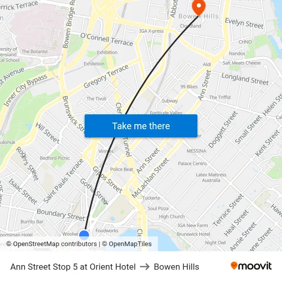 Ann Street Stop 5 at Orient Hotel to Bowen Hills map