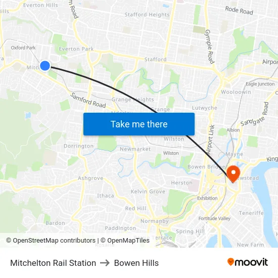 Mitchelton Rail Station to Bowen Hills map