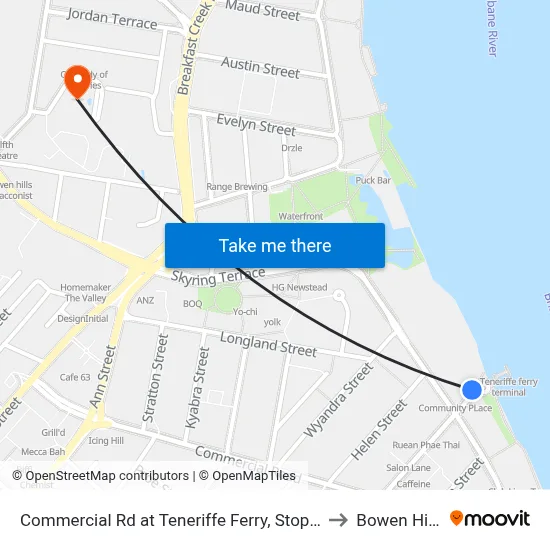 Commercial Rd at Teneriffe Ferry, Stop 16 to Bowen Hills map