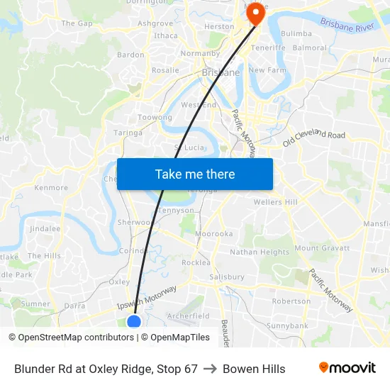 Blunder Rd at Oxley Ridge, Stop 67 to Bowen Hills map