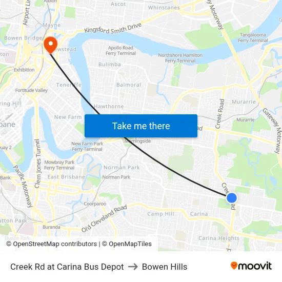 Creek Rd at Carina Bus Depot to Bowen Hills map