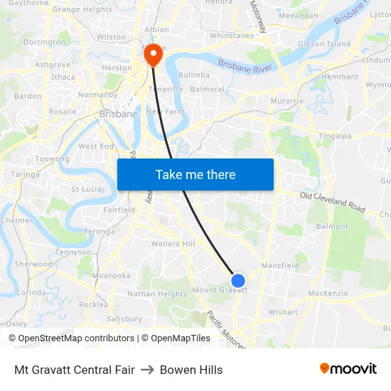 Mt Gravatt Central Fair to Bowen Hills map