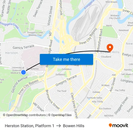 Herston Station, Platform 1 to Bowen Hills map