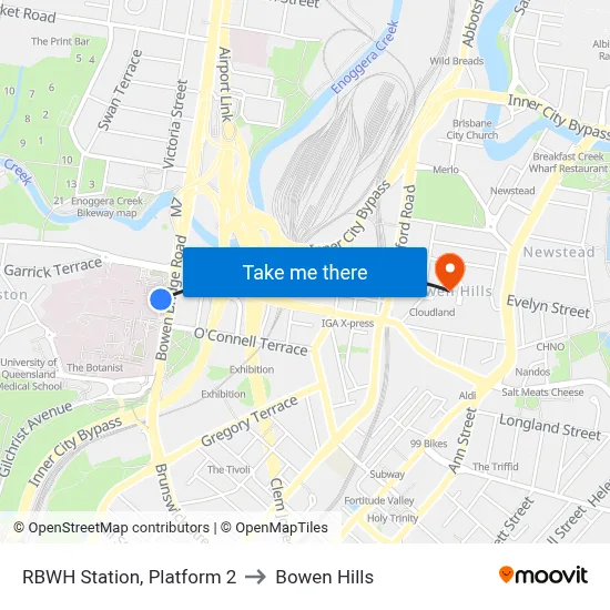 RBWH Station, Platform 2 to Bowen Hills map