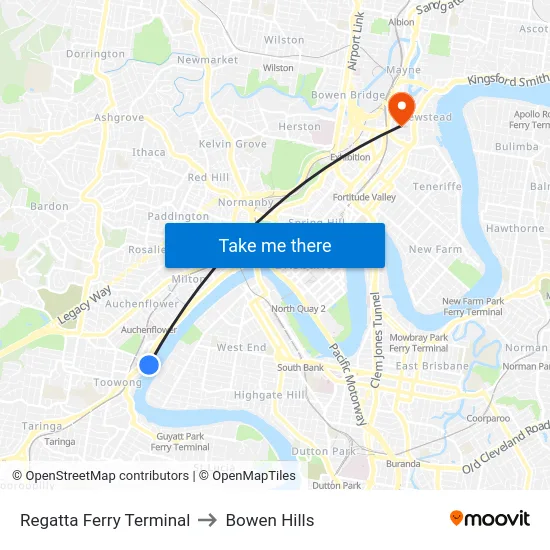 Regatta Ferry Terminal to Bowen Hills map