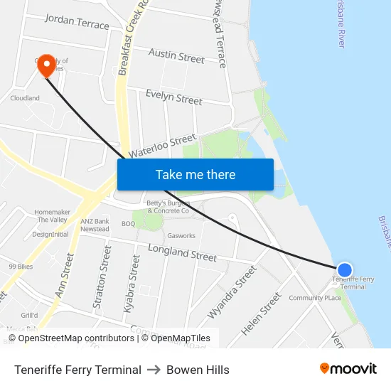 Teneriffe Ferry Terminal to Bowen Hills map