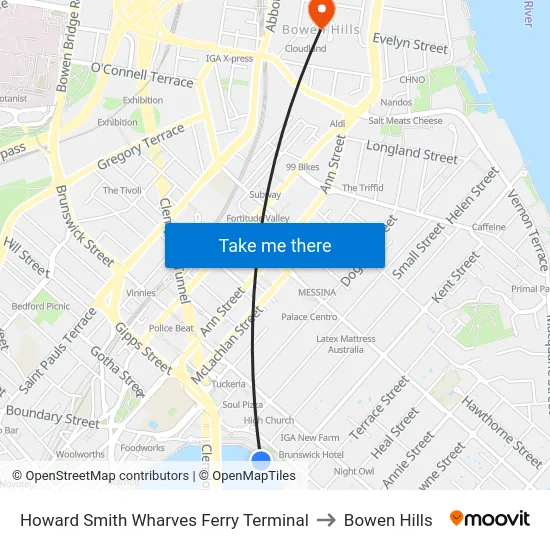 Howard Smith Wharves Ferry Terminal to Bowen Hills map