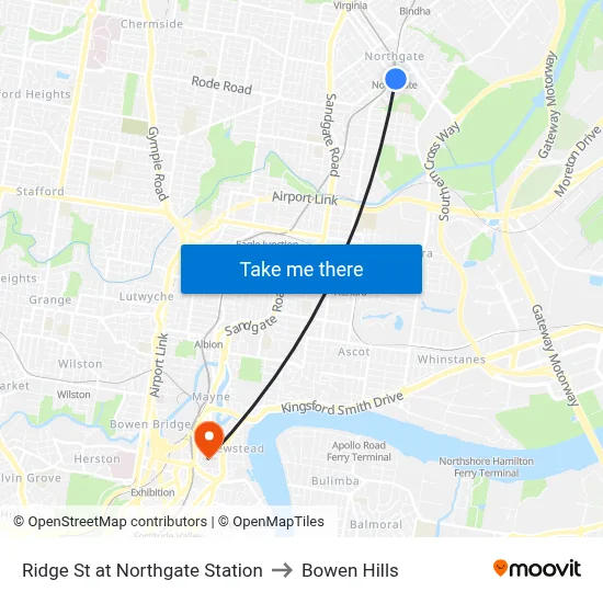 Ridge St at Northgate Station to Bowen Hills map