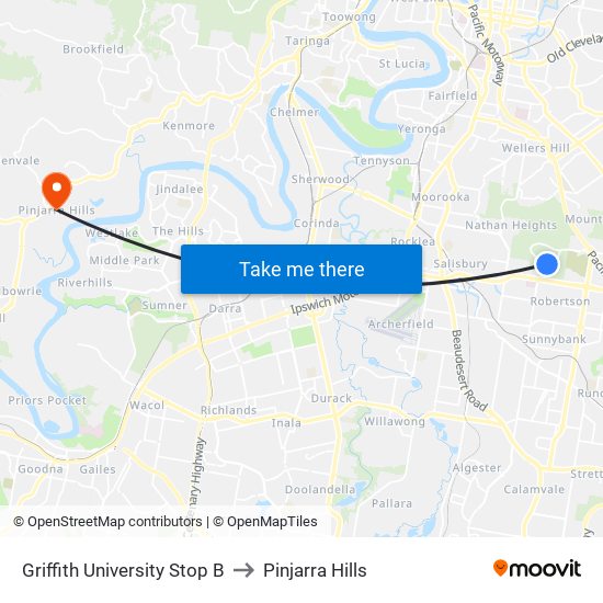 Griffith University Stop B to Pinjarra Hills map