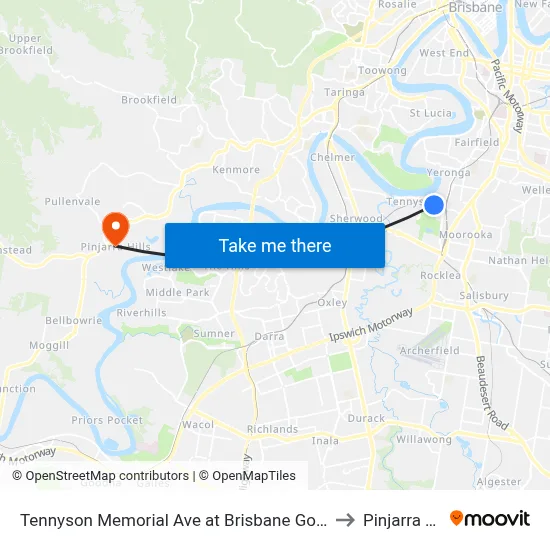 Tennyson Memorial Ave at Brisbane Golf, Stop 36 to Pinjarra Hills map