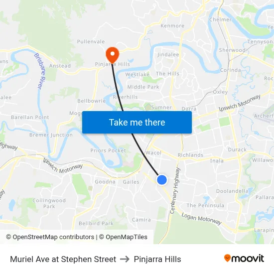 Muriel Ave at Stephen Street to Pinjarra Hills map
