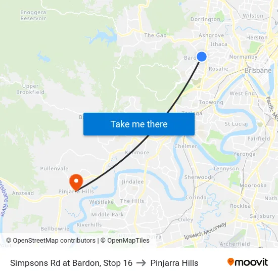 Simpsons Rd at Bardon, Stop 16 to Pinjarra Hills map