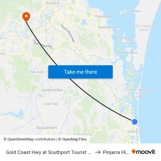 Gold Coast Hwy at Southport Tourist Park to Pinjarra Hills map