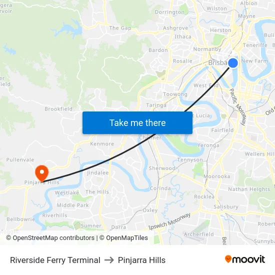Riverside Ferry Terminal to Pinjarra Hills map