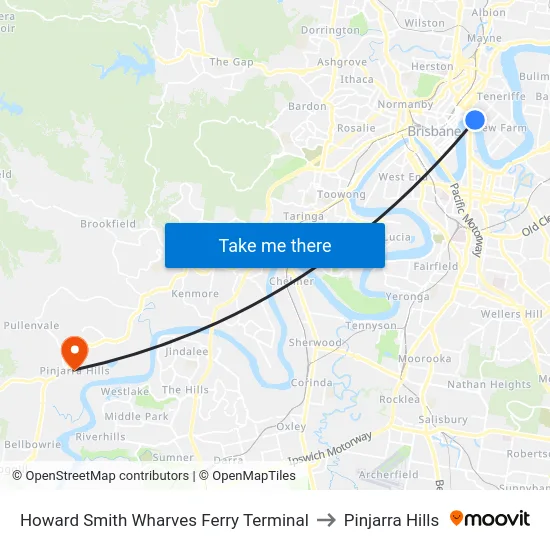 Howard Smith Wharves Ferry Terminal to Pinjarra Hills map