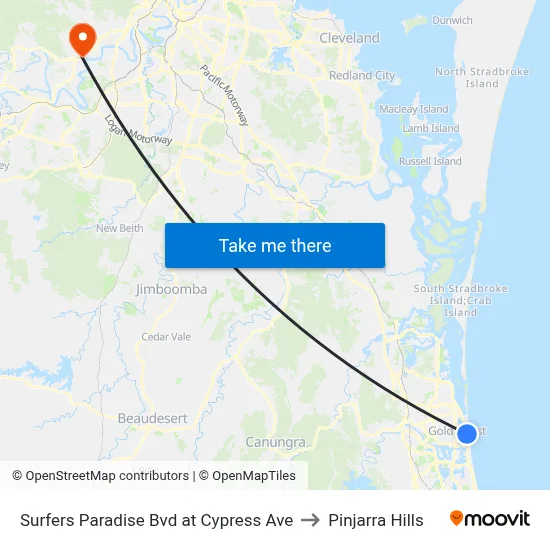 Surfers Paradise Bvd at Cypress Ave to Pinjarra Hills map