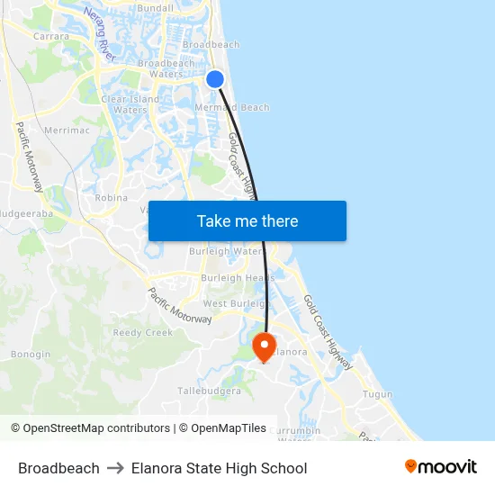 Broadbeach to Elanora State High School map