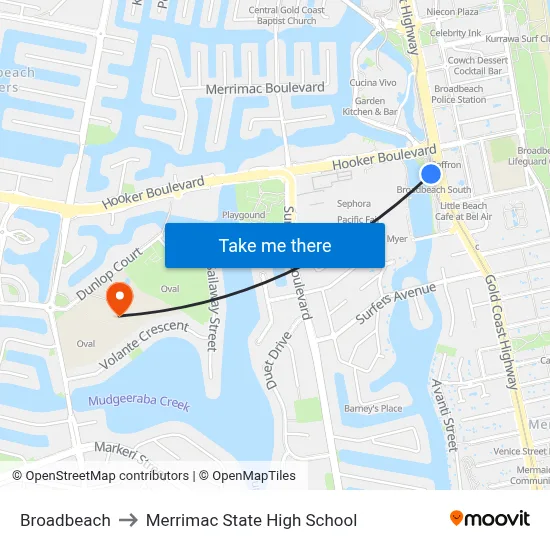 Broadbeach to Merrimac State High School map