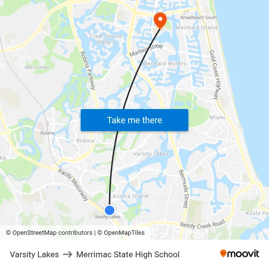 Varsity Lakes to Merrimac State High School map