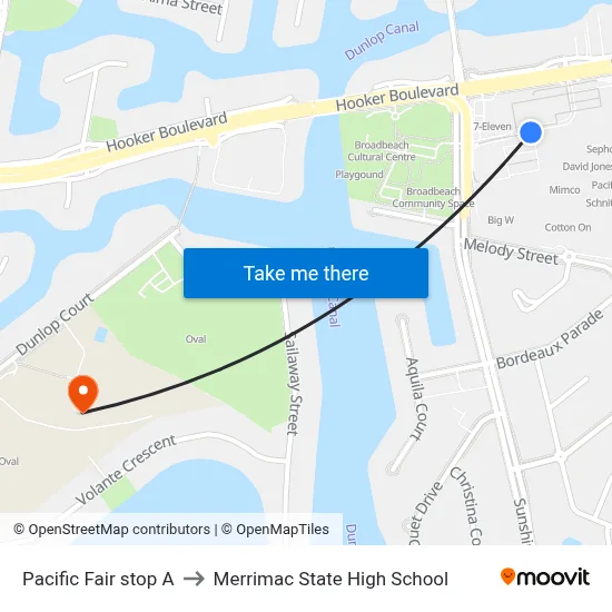 Pacific Fair stop A to Merrimac State High School map