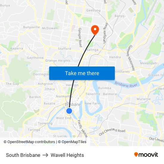 South Brisbane to Wavell Heights map