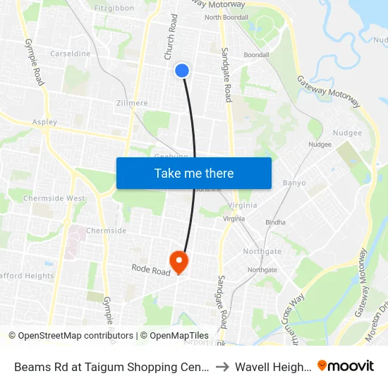 Beams Rd at Taigum Shopping Centre to Wavell Heights map
