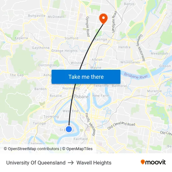 University Of Queensland to Wavell Heights map
