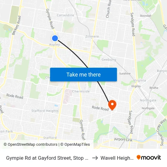Gympie Rd at Gayford Street, Stop 44 to Wavell Heights map